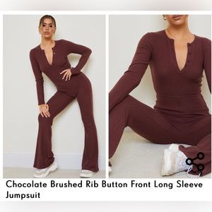 Chocolate Brushed Rib Button Front Long Sleeve Jumpsuit